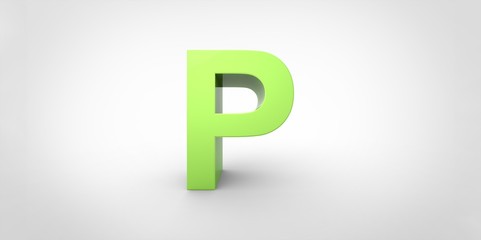 P 3D font big neon green letter standing on white gray background