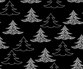 Obraz premium Happy New Year vector seamless background with white figured Christmas trees