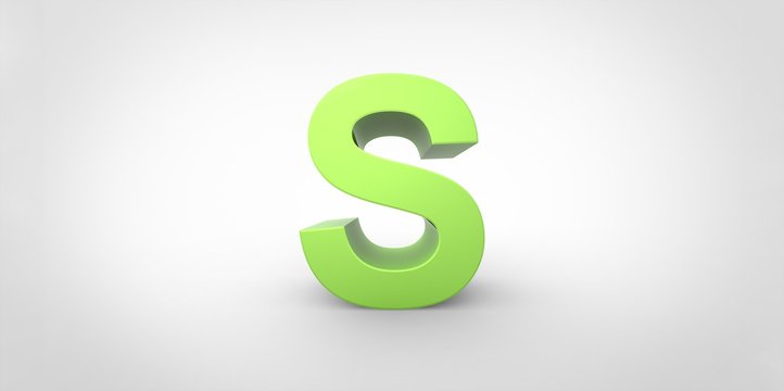 S 3D font big neon green letter standing on white gray background