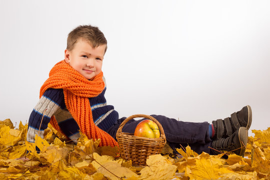 Young boy with yellow leaves