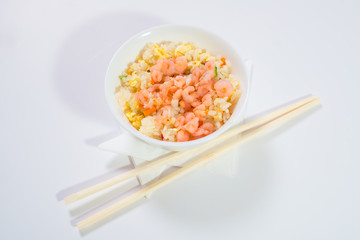Chinese food. Rice with shrimp and omelette