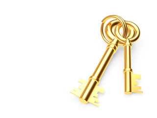 Bunch of old golden keys on keyring with space for text isolated on white background