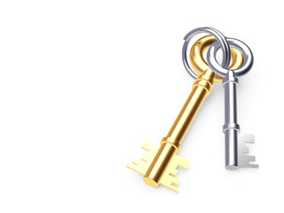 Bunch of old golden and silver keys on keyring with space for text isolated on white background