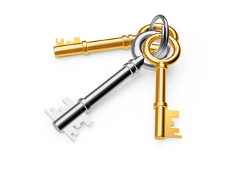 Set of old golden and silver keys isolated on white background