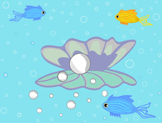 Fototapeta na wymiar Vector illustration with sea fish and pearl in shell