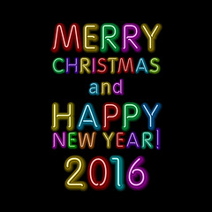 Merry Christmas Card with Neon Color and Bokeh Lighting Background