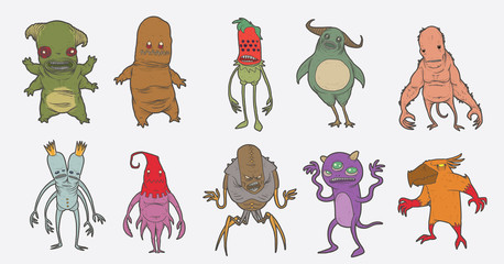 Cartoon image of ten different monsters mutants of various shapes, colors and types on a white background.
