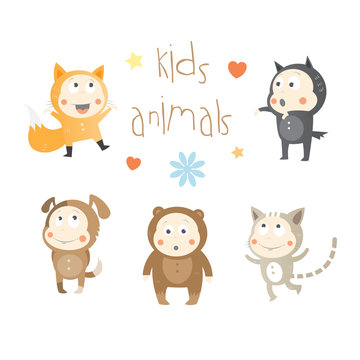 Kids animals set. Vector image. Fox, wolf, dog, cat and bear.