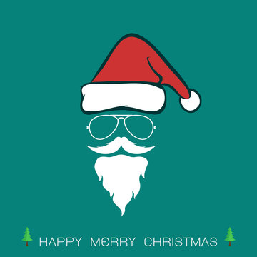 Santa hats and beards and eyeglasses on blue background. Christm