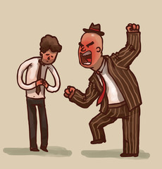 Vector cartoon image of a bald angry boss in a brown striped suit and hat yelling at a subordinate with brown hair in black trousers, white shirt on a light background.