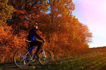 Plakat young adult cyclist riding mountain bike in the countryside