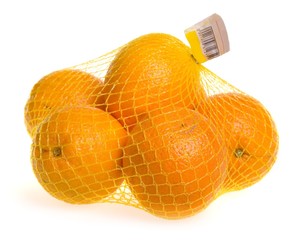 A plastic mesh bag with oranges.