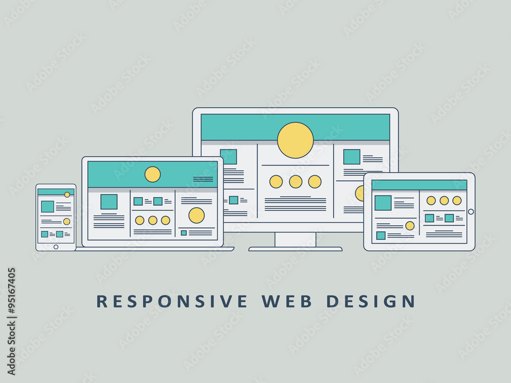 Poster responsive web design mockup template vector background. smartphone, tablet, computer website layout