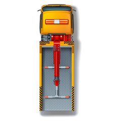 Top view of tow truck bright yellow with warning markings and scintillating lights