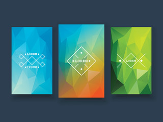 Low poly colorful background set with abstract symbols or badges. Smartphone screen size for app wallpaper. Geometric polygonal design