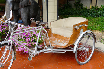 Fototapeta na wymiar old tricycle with beige leather cushion