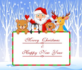 Fototapeta premium Cartoon Santa and friend holding Christmas greeting with winter background