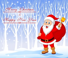 Santa Claus with bell carrying sack with winter background