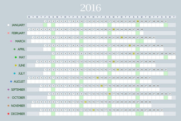 Calendar Planner for 2016. Highlighted sunday, full moon (UTC), Christmas and Easter holidays. 3:2 aspect ratio. Editable. Space for text, logo or image on the top. 