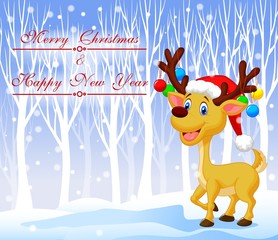 Christmas deer cartoon wearing red hat with winter background
