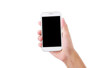 Female hand holding smartphone isolated on white