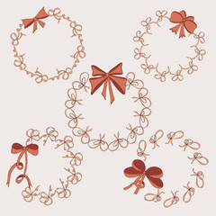 Five round frames. Vintage style. Hand drawn bows.