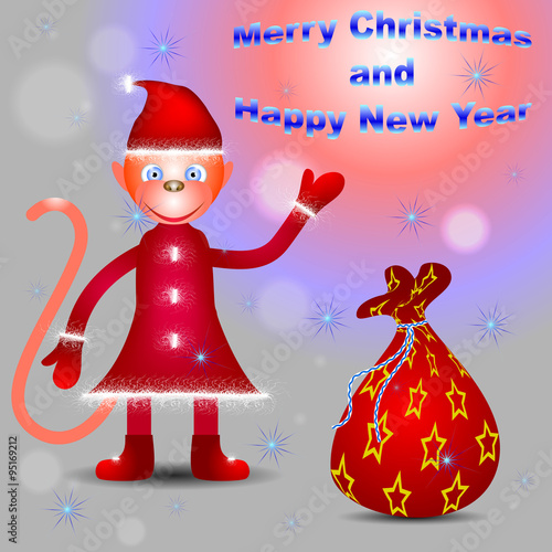 &quot;Monkey Santa congratulates with Merry Christmas and Happy New. Monkey