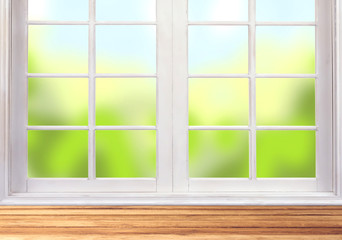 Wooden table and window and nature background