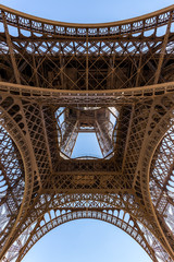 Lower view of Eiffel Tower in Paris, France.