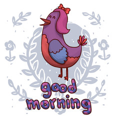 Vector cartoon image of a violet-red birds with blue wings, pink crest and red bow on his head on a background of light gray leaves and flowers with the words 