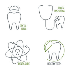 Set of linear medical icons and emblems for teeth health care, dentistry and dental clinic