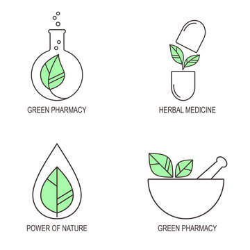 Set of linear medical icons and emblems for herbal medicine and green pharmacy