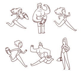 Vector Set of lifeguards. Line cartoon image of lifeguards - both men and women in different poses on a white background.