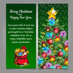 Two vertical card with Christmas tree and bag with gifts and sample text