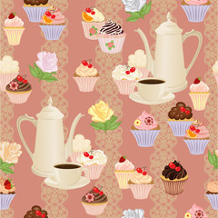 Seamless pattern with coffee pot, cups, cakes and roses.