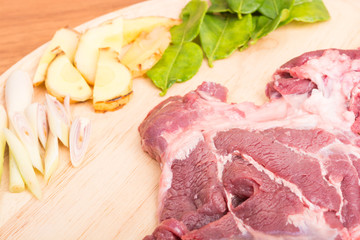 fresh raw beef meat slices on wooden
