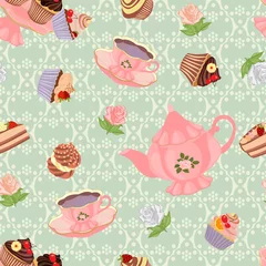 Rucksack Seamless pattern with teapot, cups, cakes and roses. © legon