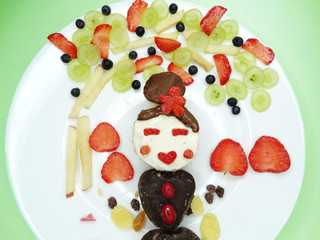 creative breakfast with fruit and sweet chocolate creme on bread