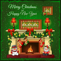 Burning fireplace on a green background