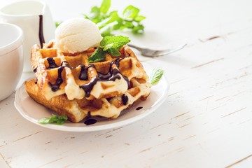Waffles with banana and nuts honey
