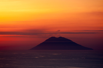 Stromboli volcano at sunset