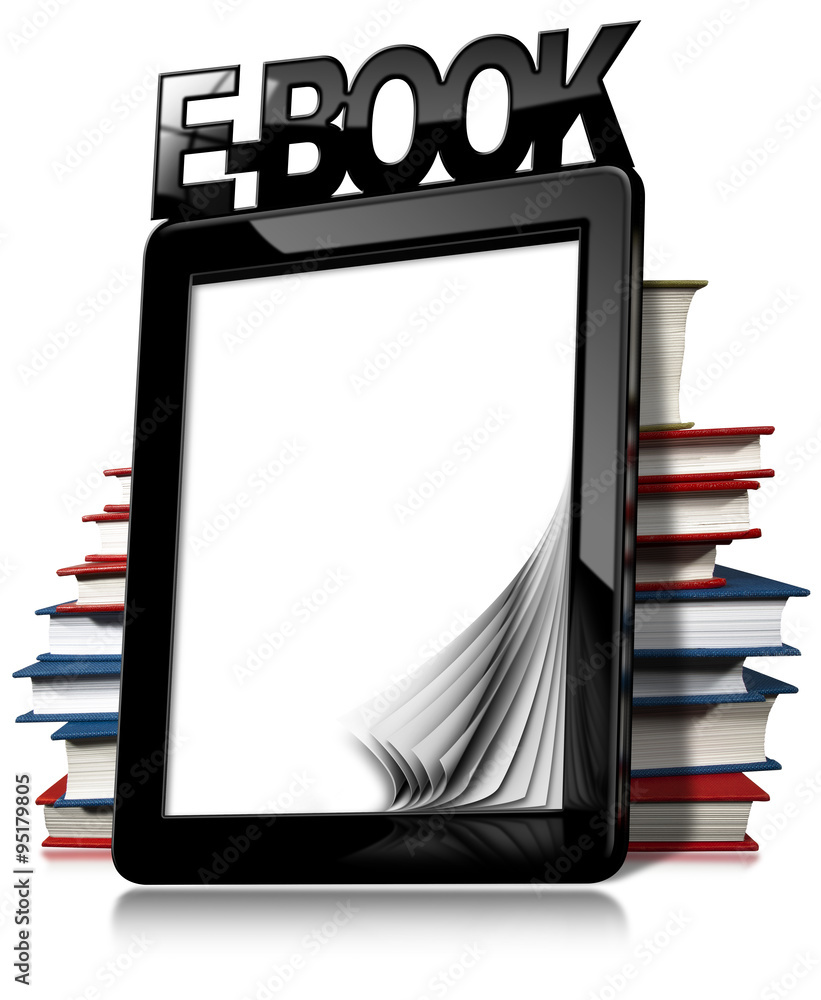 Poster e-book reader with books / black modern ebook reader with blank curled pages, text ebook and a stack