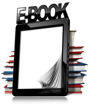 E-book Reader with Books / Black modern ebook reader with blank curled pages, text Ebook and a stack of books. Isolated on white background