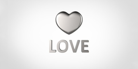 Love 3D silver chrome metal text and heart on white gray background