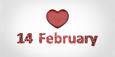 Glass 14 February 3D red text and heart on white gray background