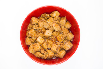 Japan cuisine, tofu and mince with hot spicy sauce.