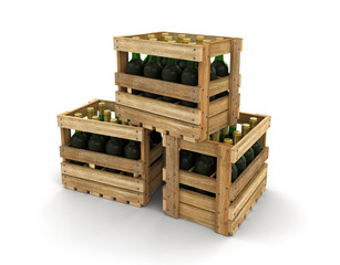Wooden boxes with wine bottles. Image with clipping path