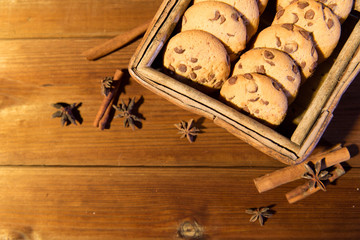 close up of oat cookies on wooden table
