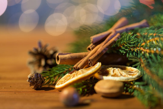 christmas fir branch, cinnamon and dried orange