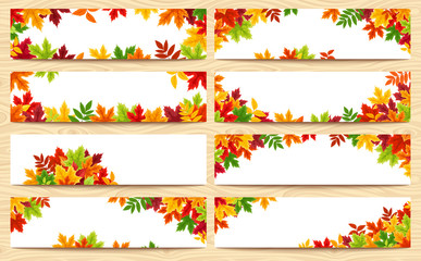 Set of eight vector banners with colorful autumn leaves.